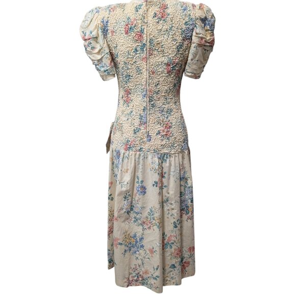 Vintage Phoebe Petites Womens Sz M? Floral Smocked Bow Puff Sleeve Cottage Dress - Picture 4 of 10